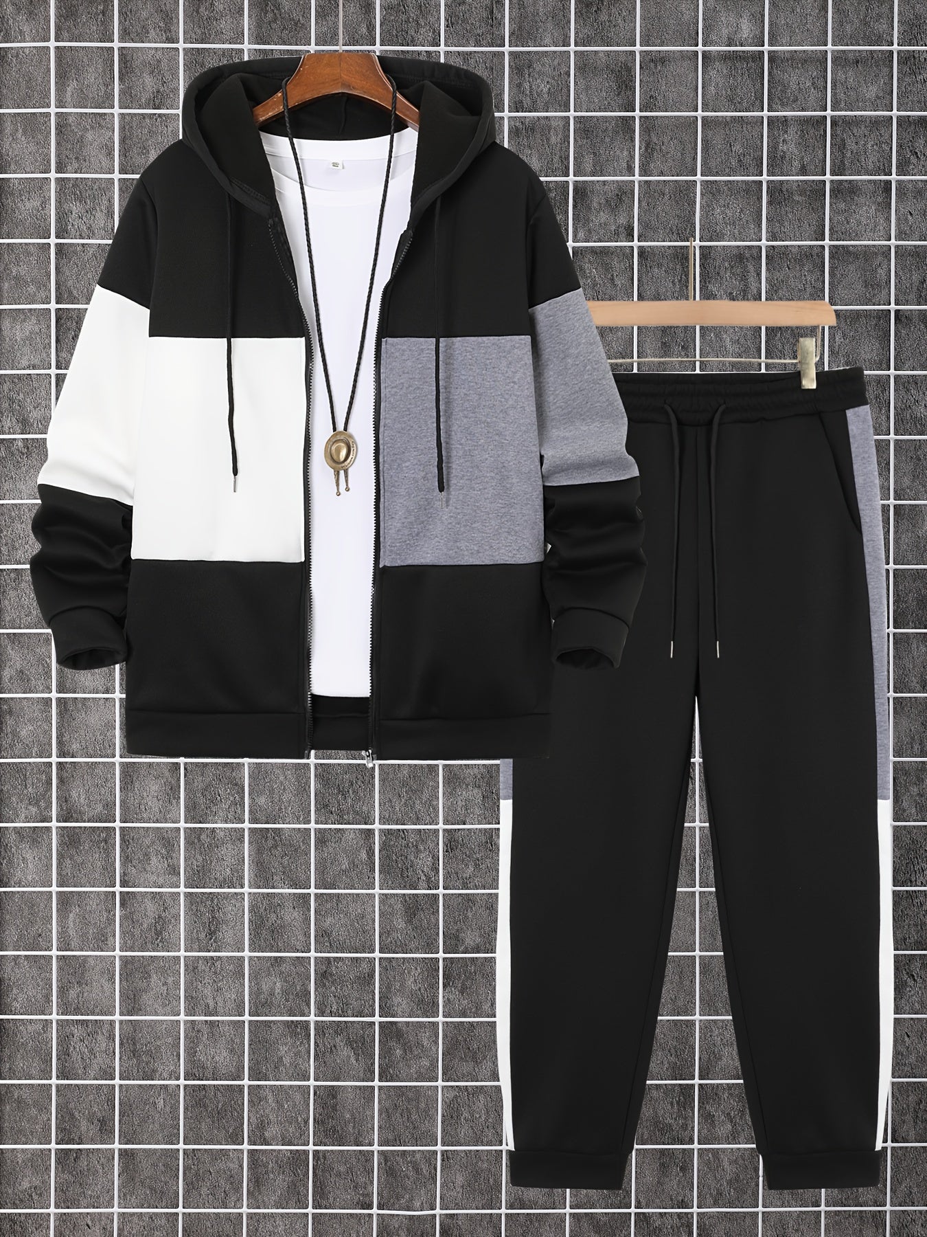 Mens Color Block Hoodie and Pants Set Casual Outdoor Wear - Taylor K Shop