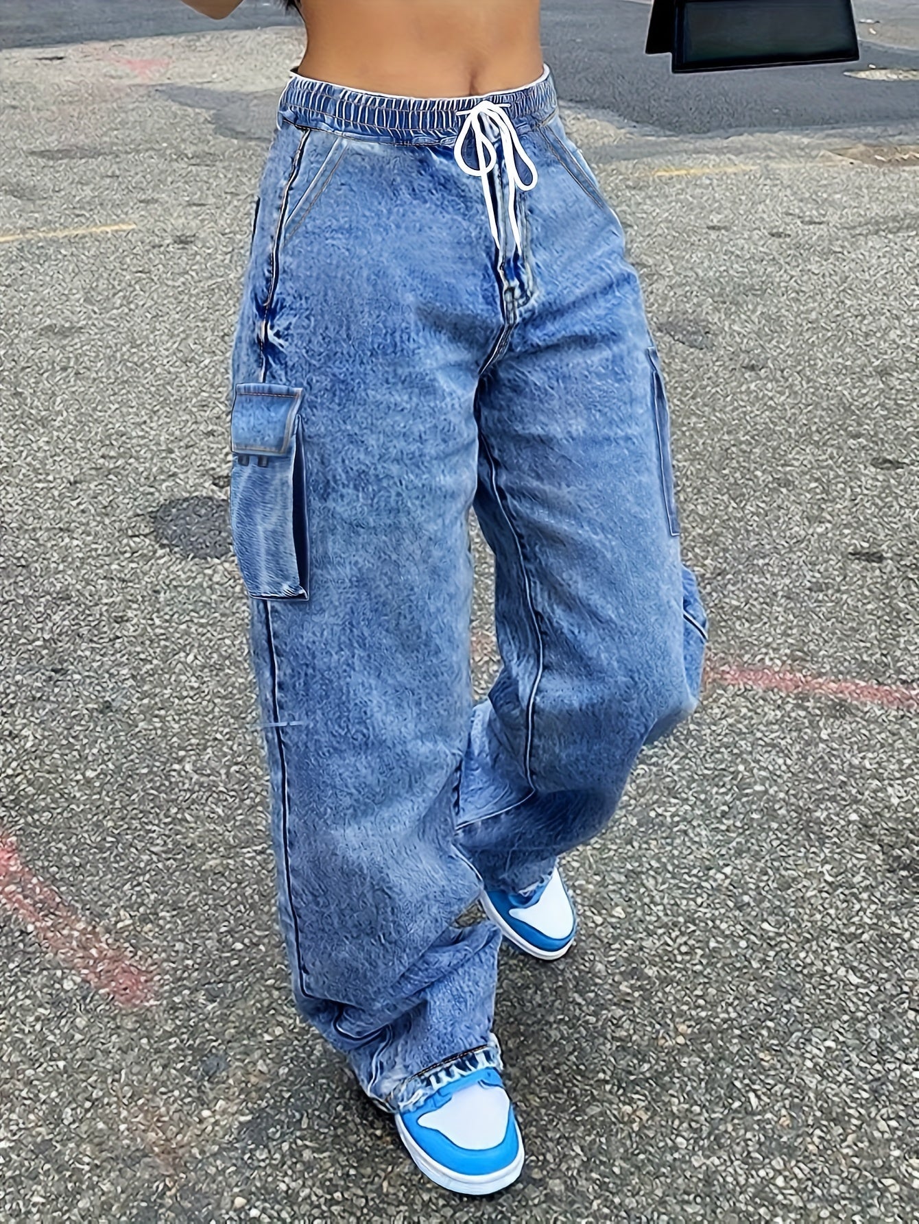 MidRise Womens Elastic Waist Cargo Jeans Y2K Style - Taylor K Shop