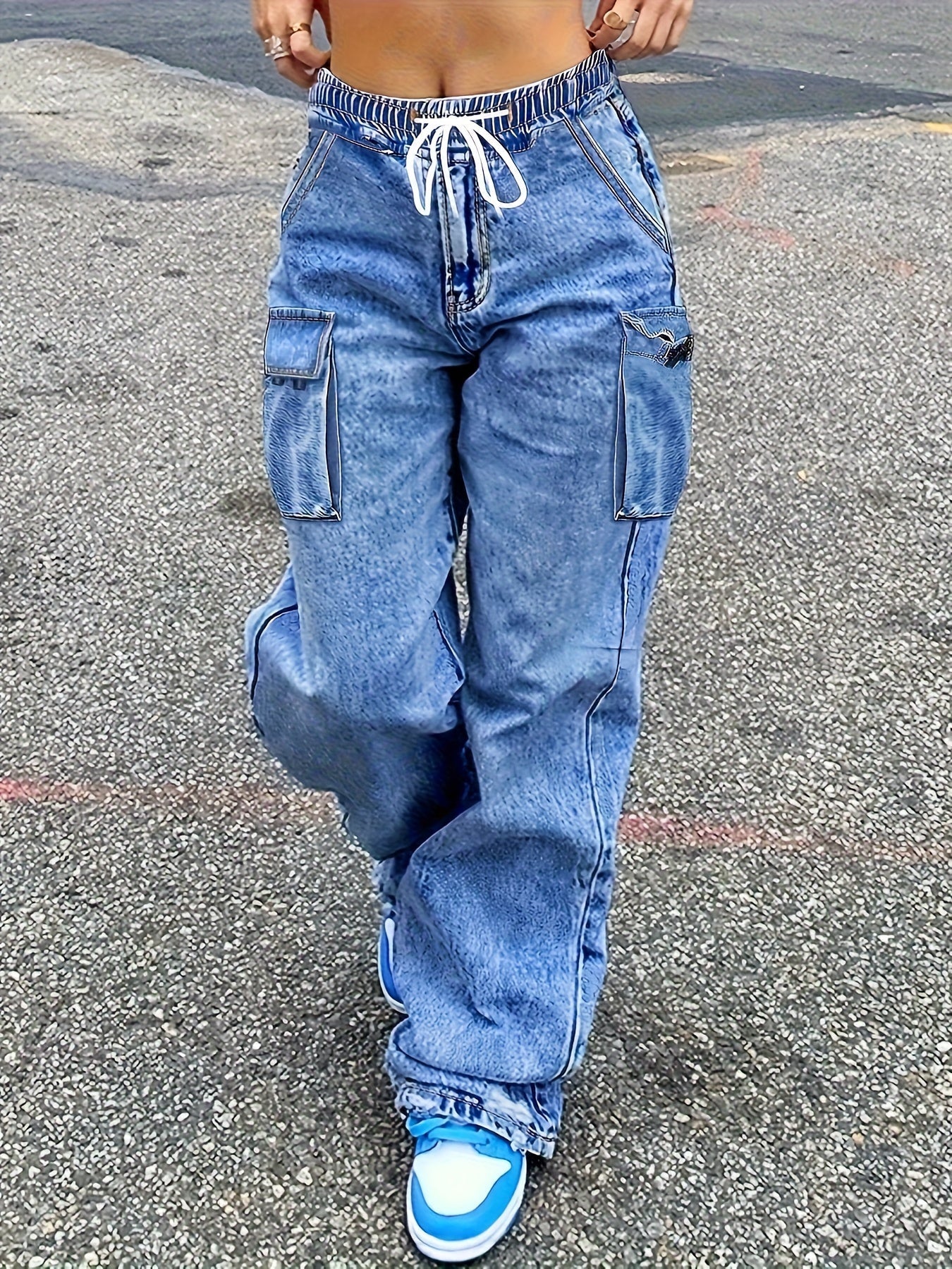 MidRise Womens Y2K Style Elastic Waist Cargo Jeans - Taylor K Shop