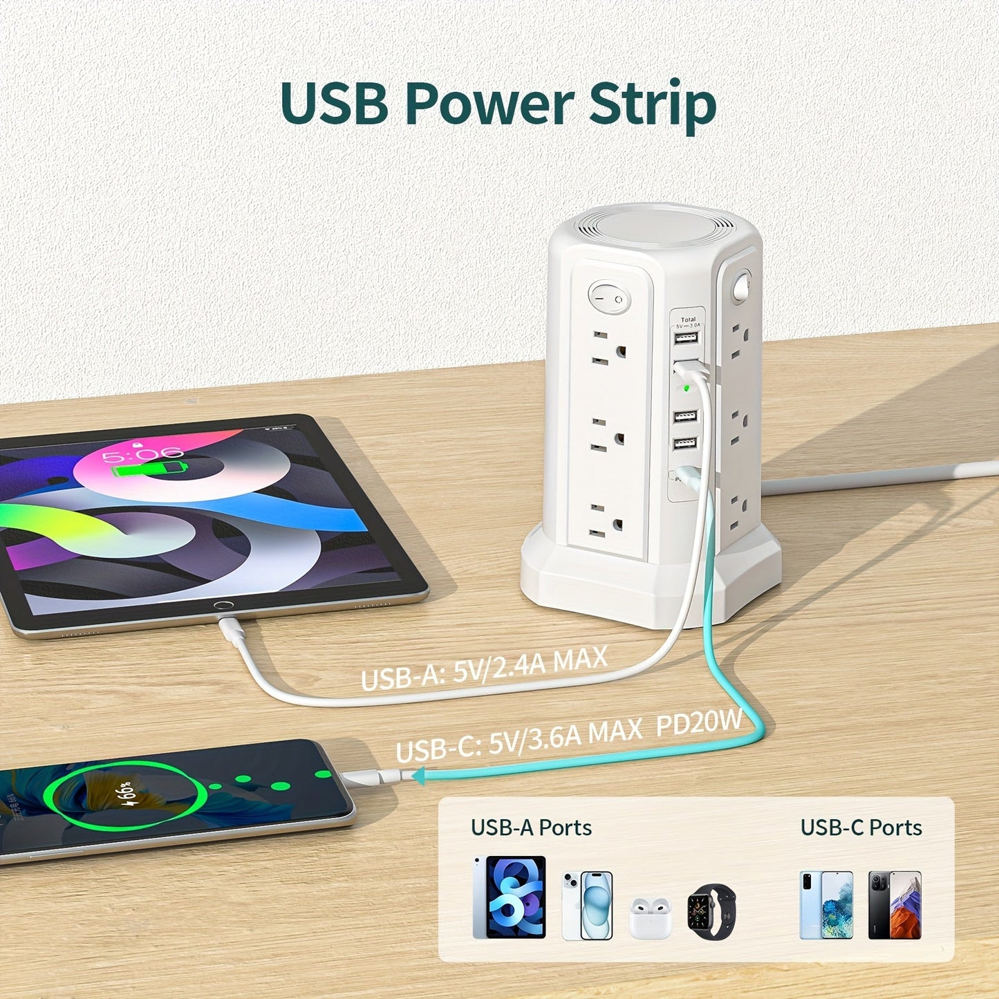 PASSUS Tower Surge Protector 12 AC 5 USB PD 20W - Taylor K Shop