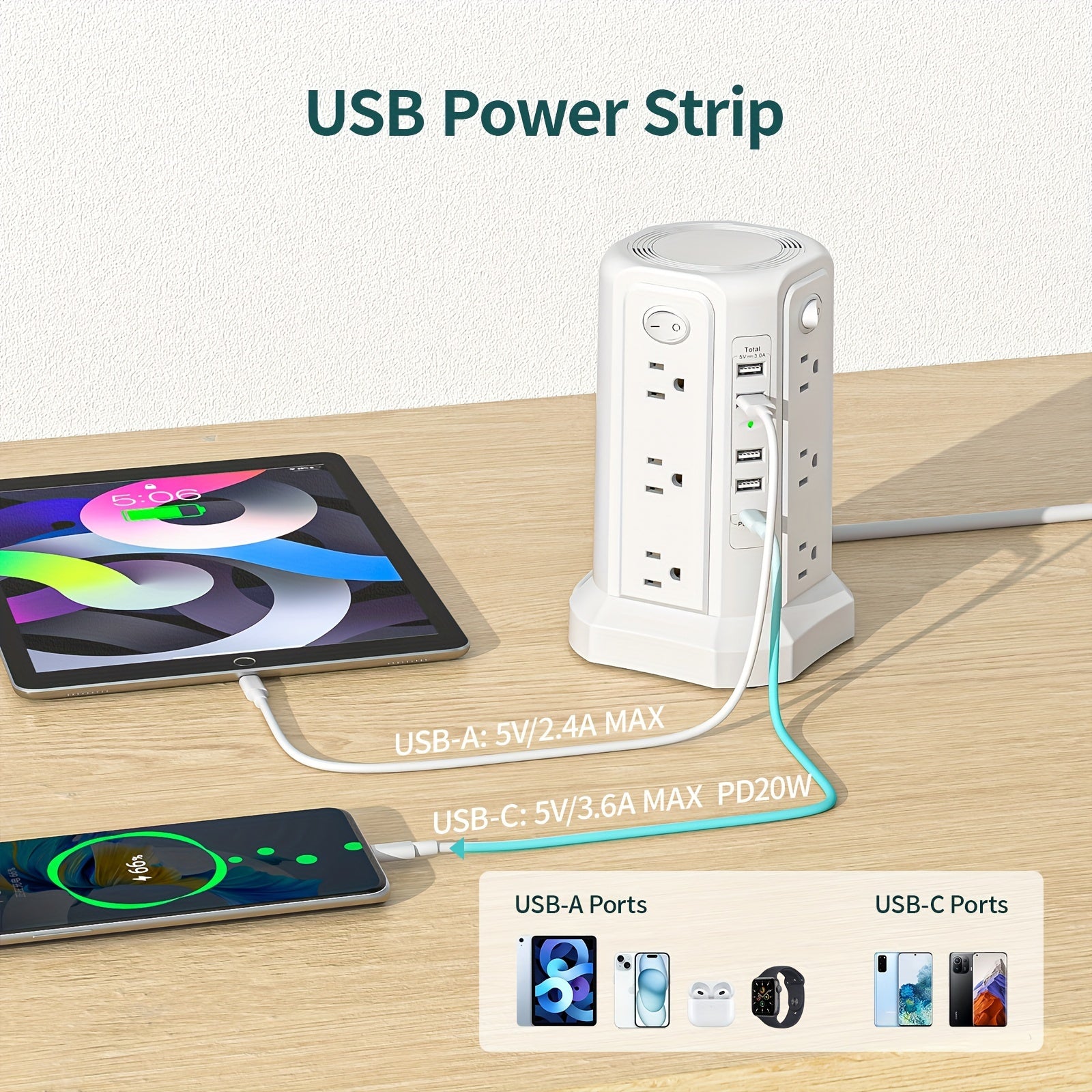 PASSUS Tower Surge Protector 12 AC 5 USB PD 20W - Taylor K Shop