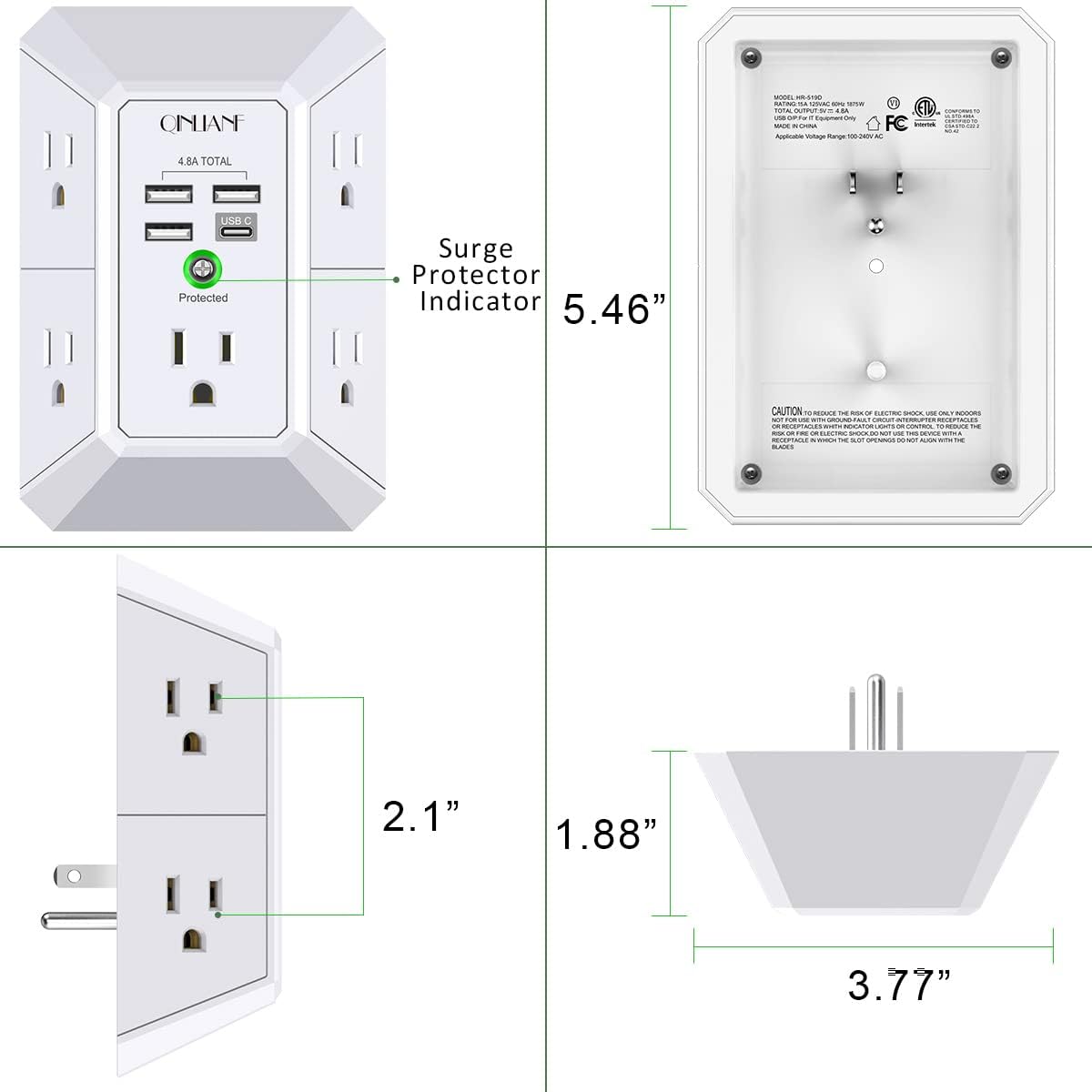 QINLIANF 5Outlet Surge Protector with 4 USB Ports - Taylor K Shop