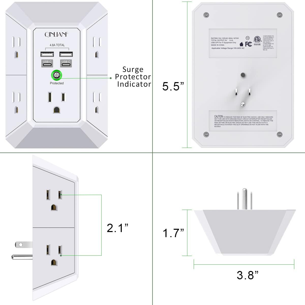 QINLIANF 5Outlet Surge Protector with 4 USB Ports - Taylor K Shop