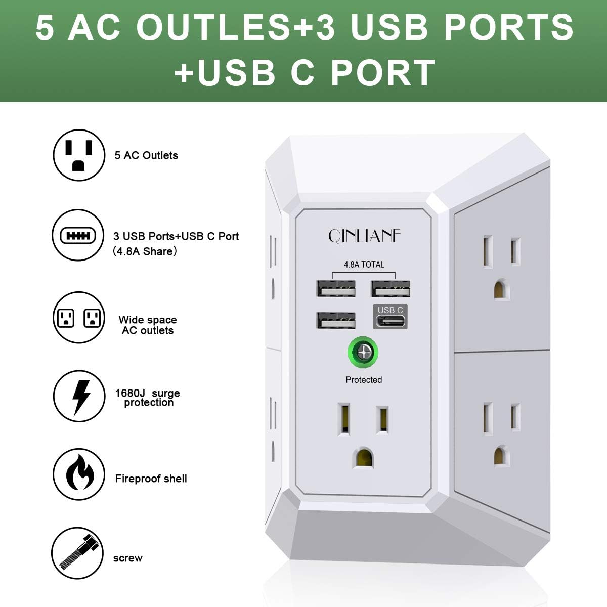 QINLIANF 5Outlet Surge Protector with 4 USB Ports - Taylor K Shop