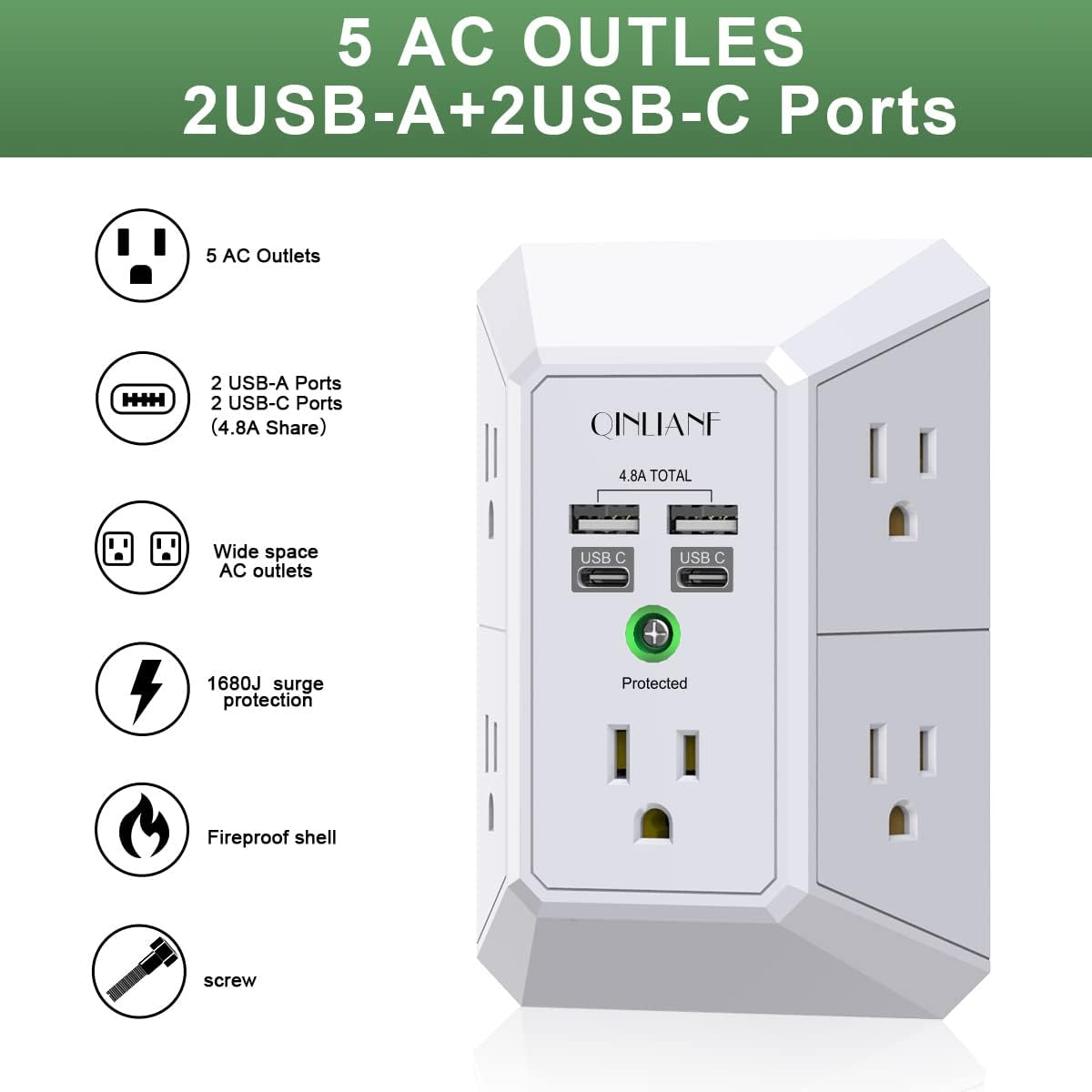 QINLIANF 5Outlet Surge Protector with 4 USB Ports - Taylor K Shop