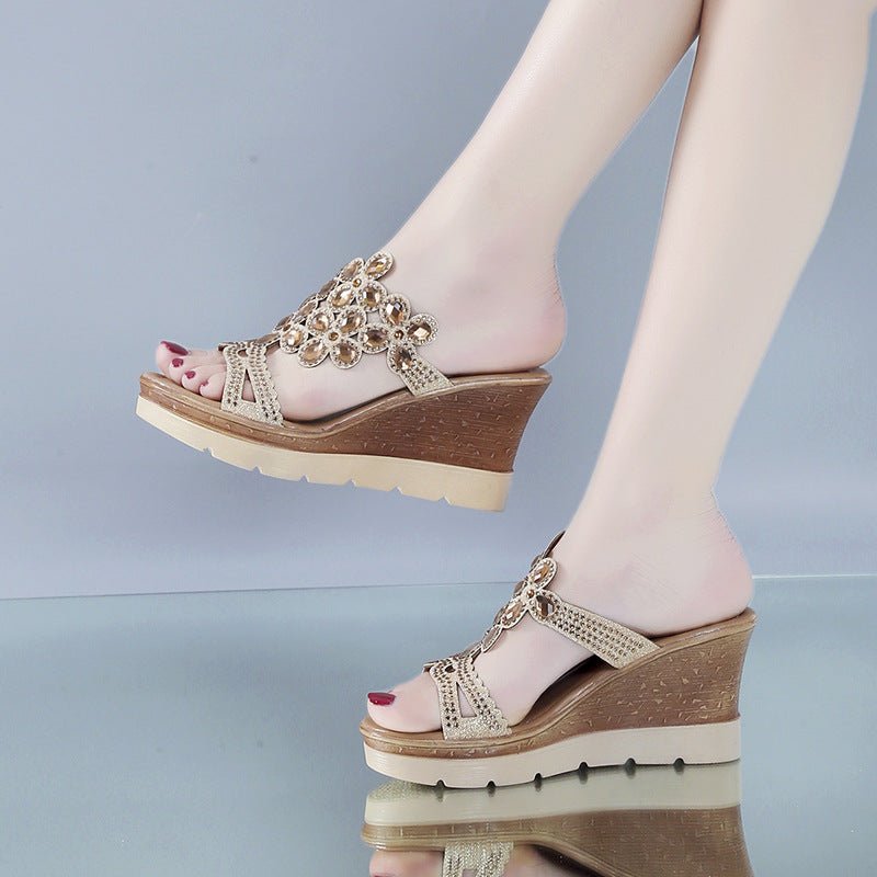 Rhinestone Platform Sandals And Slippers With Slope Heels - Taylor K Shop