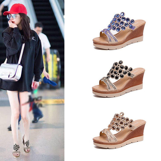 Rhinestone Platform Sandals And Slippers With Slope Heels - Taylor K Shop