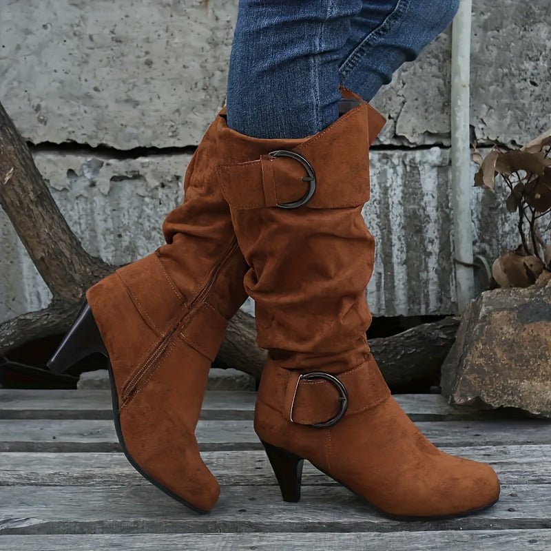 Stylish Womens KneeHigh Boots with Buckle and Chunky Heel - Taylor K Shop