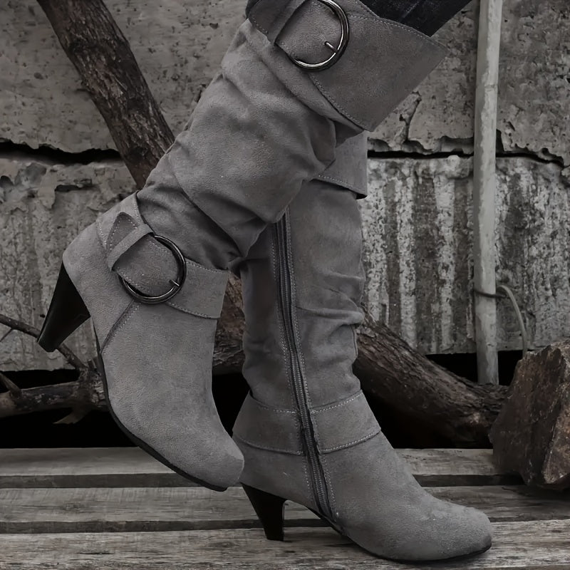 Stylish Womens KneeHigh Boots with Buckle and Chunky Heel - Taylor K Shop