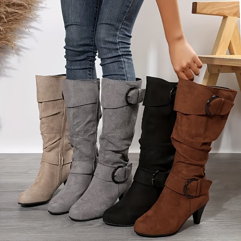 Stylish Womens KneeHigh Boots with Buckle and Chunky Heel - Taylor K Shop