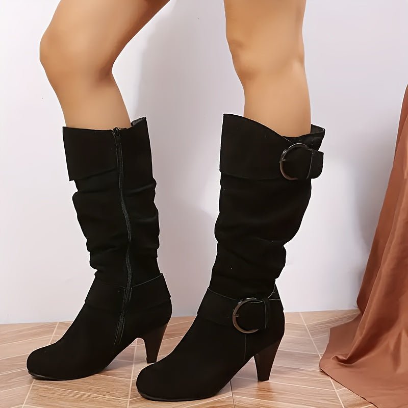Trendy Womens KneeHigh Boots with Buckle Chunky Heel - Taylor K Shop