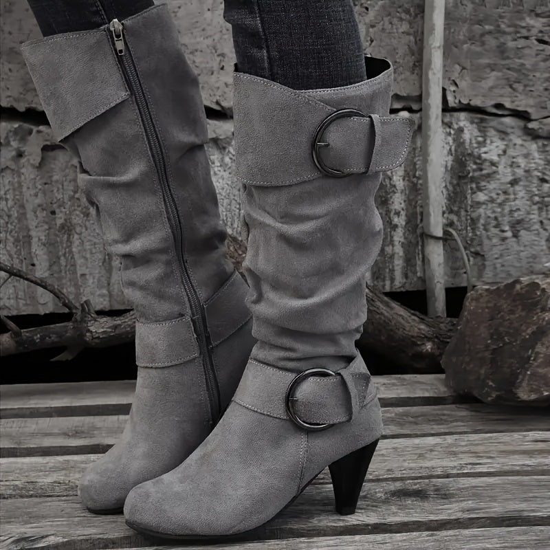 Trendy Womens KneeHigh Boots with Buckle Chunky Heel - Taylor K Shop