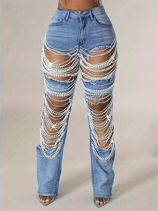 Vintage Style Womens StraightLeg Jeans with Pearl Chain - Taylor K Shop