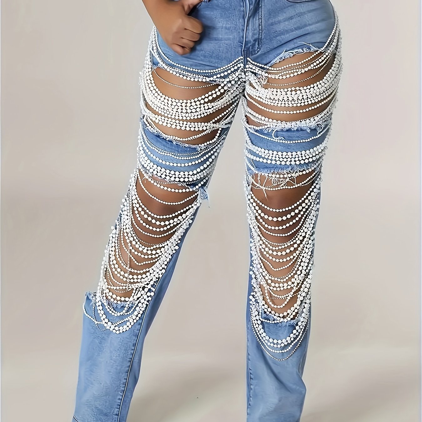 Vintage Style Womens StraightLeg Jeans with Pearl Chain - Taylor K Shop