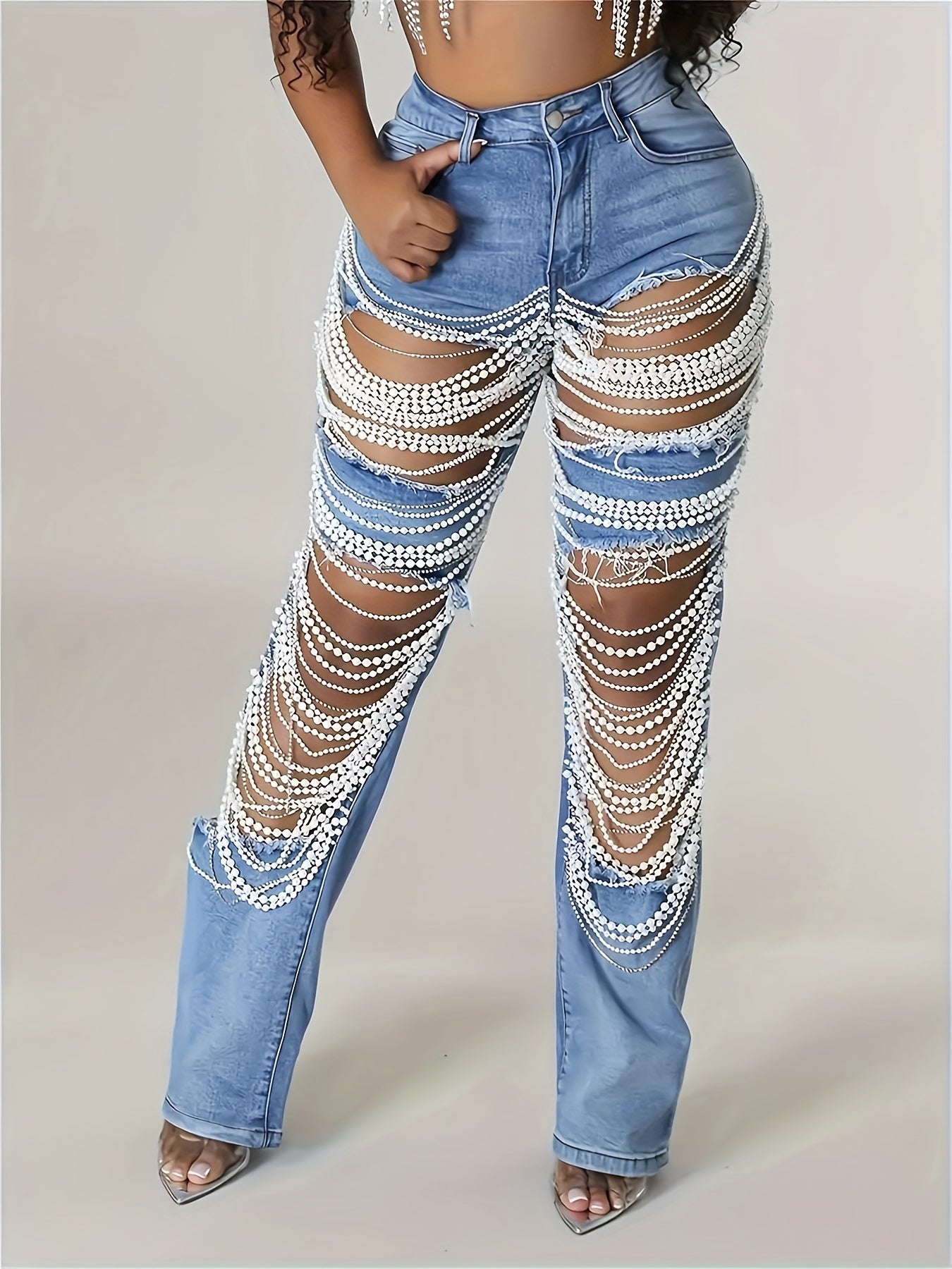 Vintage Style Womens StraightLeg Jeans with Pearl Chain - Taylor K Shop