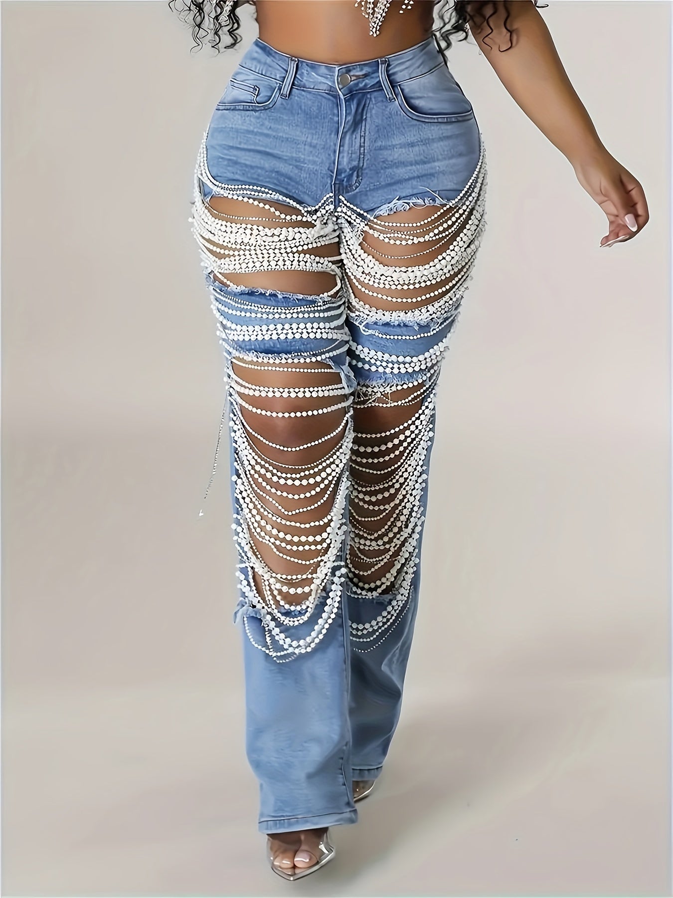 Vintage Style Womens StraightLeg Jeans with Pearl Chain - Taylor K Shop