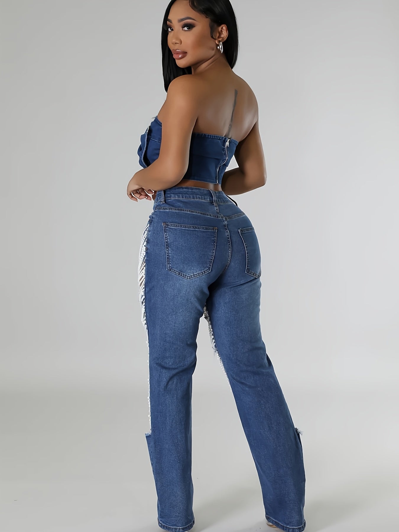 VintageInspired StraightLeg Womens Jeans with Pearl Chain - Taylor K Shop