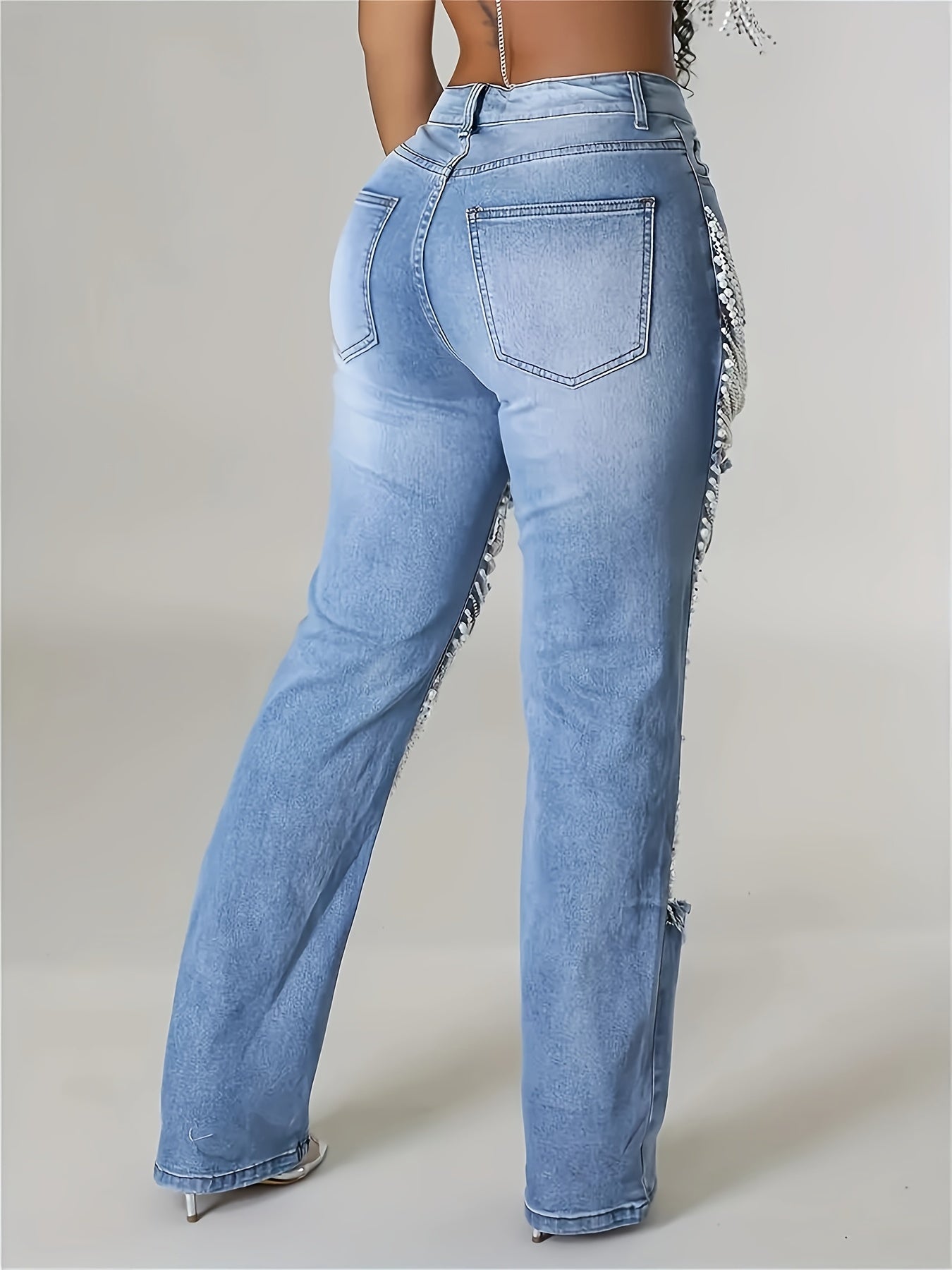 VintageInspired StraightLeg Womens Jeans with Pearl Chain - Taylor K Shop