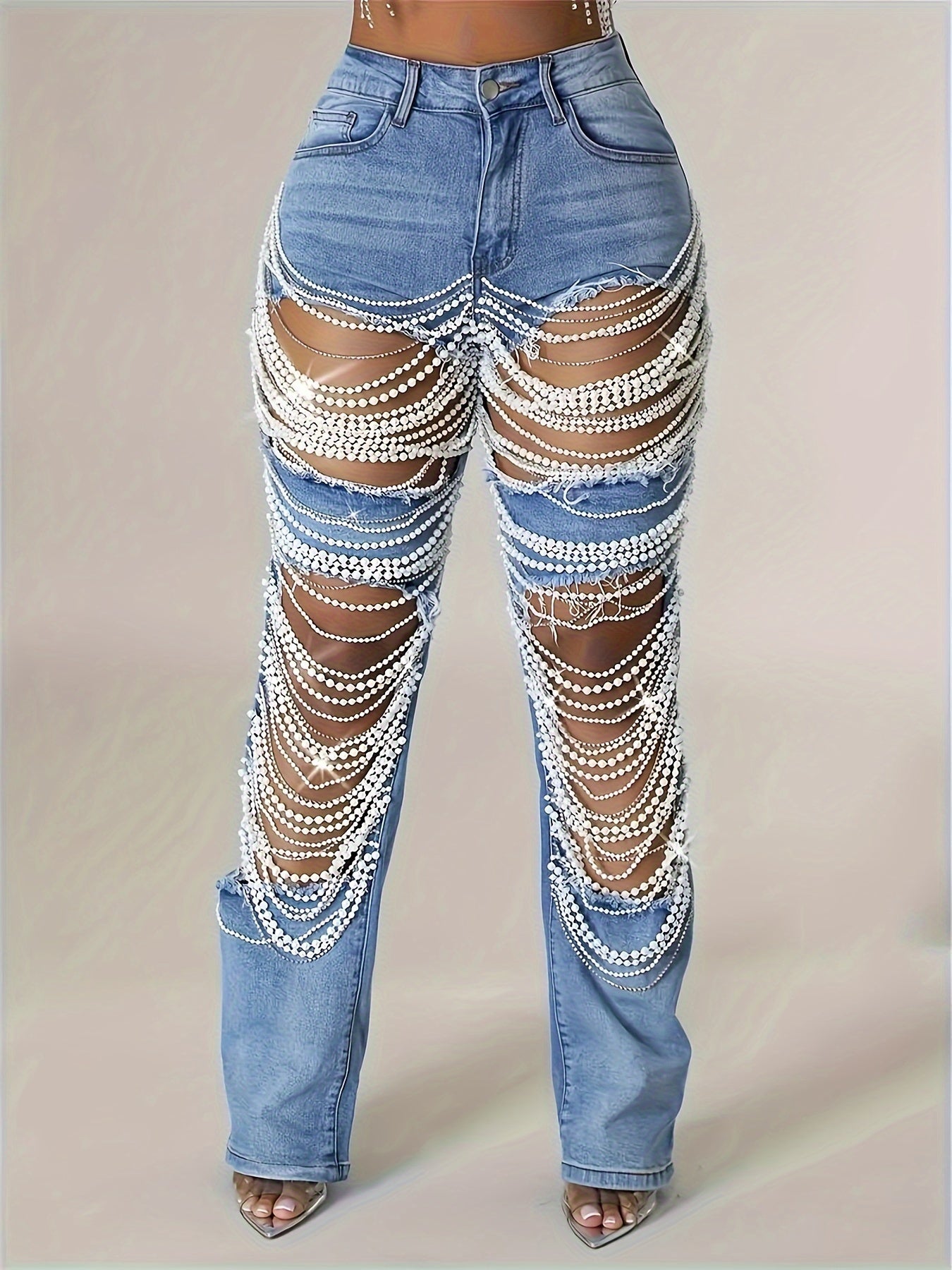 VintageInspired StraightLeg Womens Jeans with Pearl Chain - Taylor K Shop