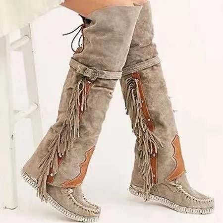 Womens Bohemian KneeLength Faux Suede Tassel Boots - Taylor K Shop