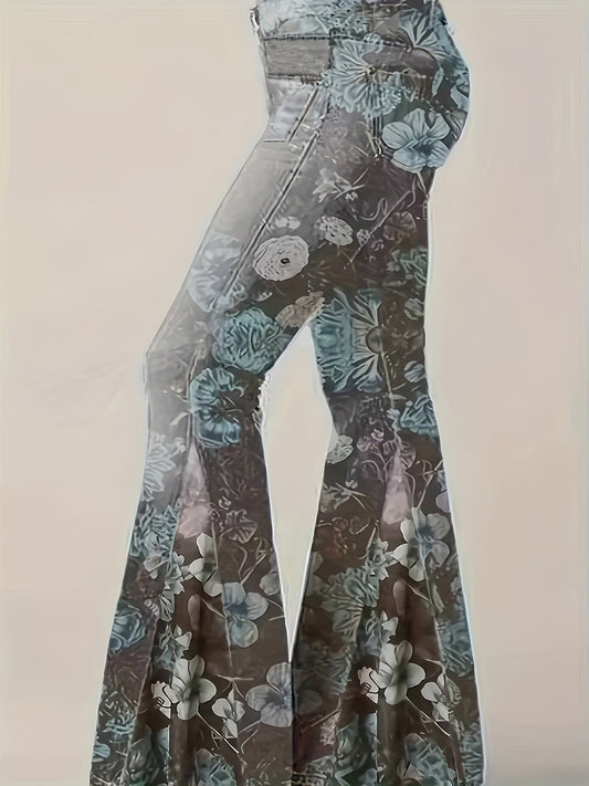 Womens Elegant Floral Flared Faux Denim Pants - Taylor K Shop