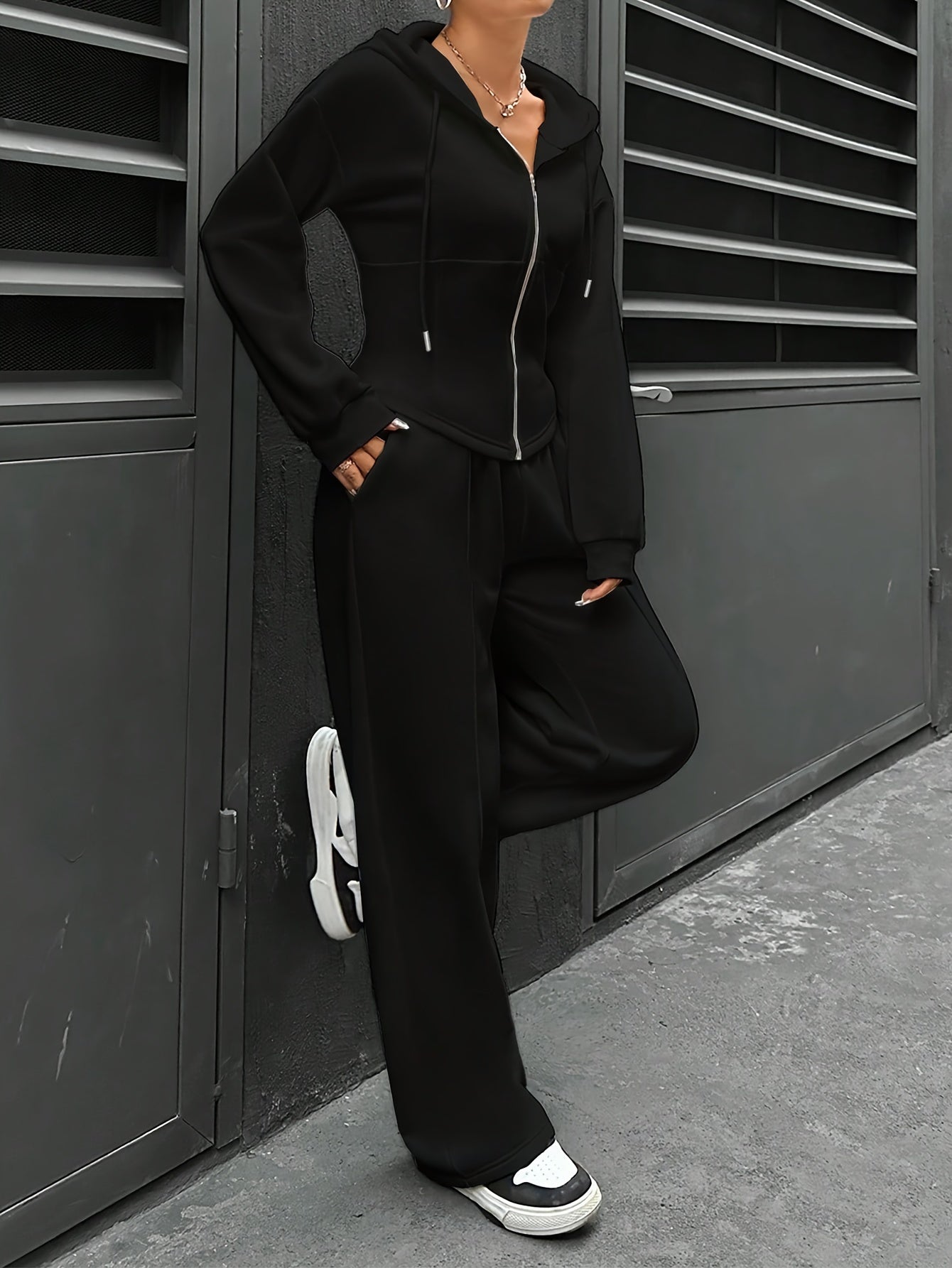 Womens Elegant Polyester Hooded Tracksuit Set with Zipper - Taylor K Shop