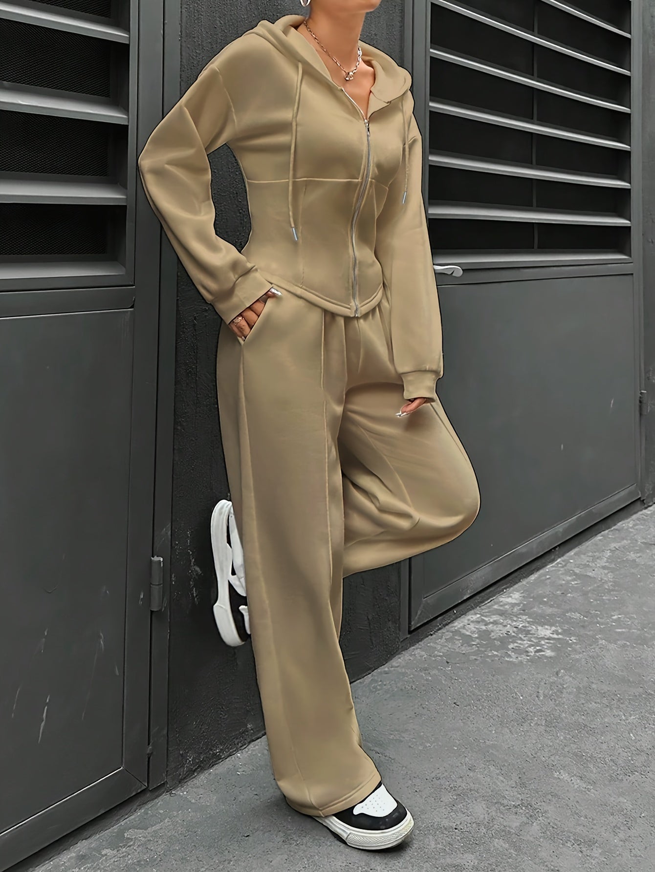 Womens Elegant Polyester Hooded Tracksuit Set with Zipper - Taylor K Shop