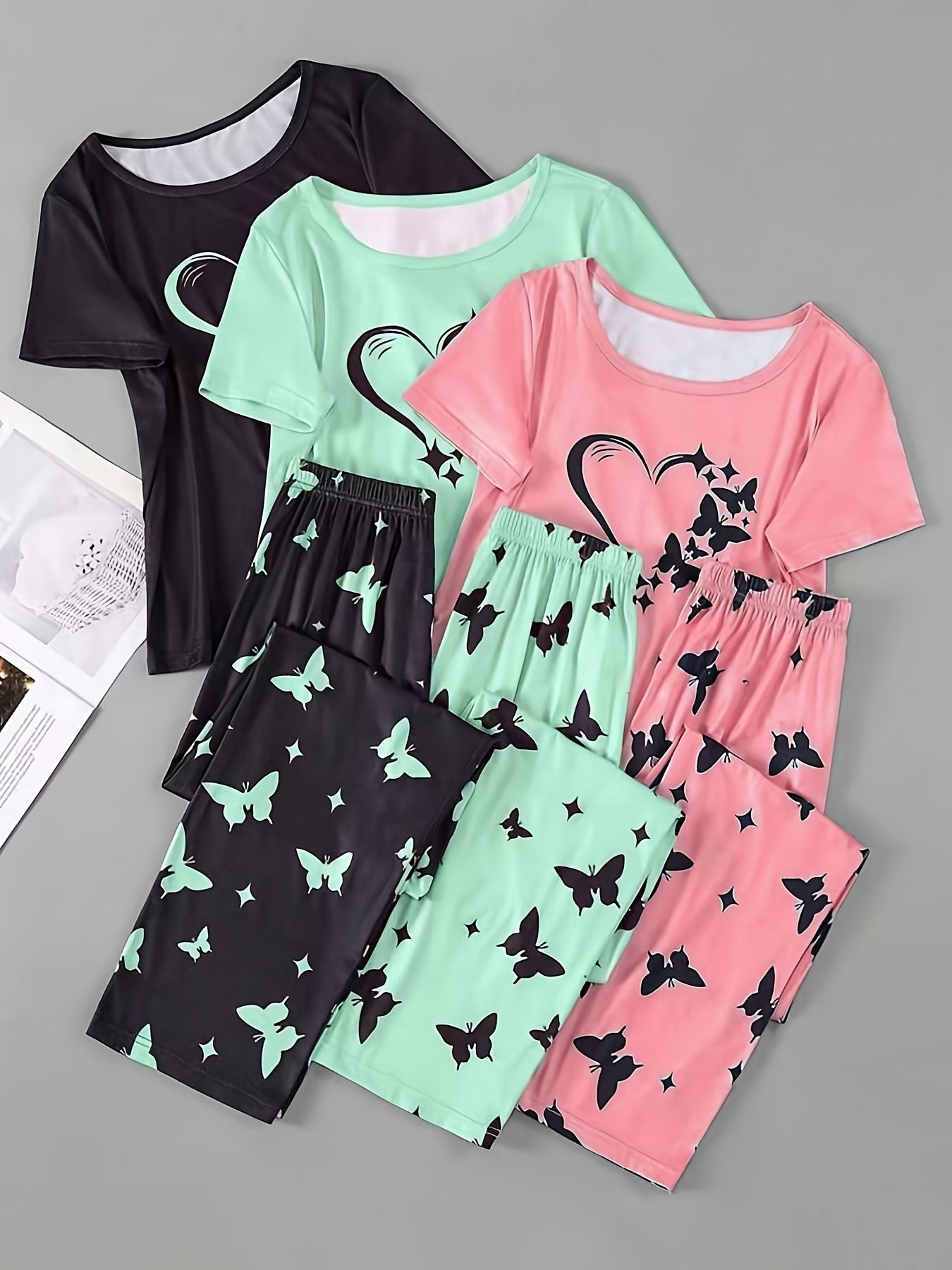 Womens Heart Butterfly Pajama Set 3Piece Sleepwear - Taylor K Shop