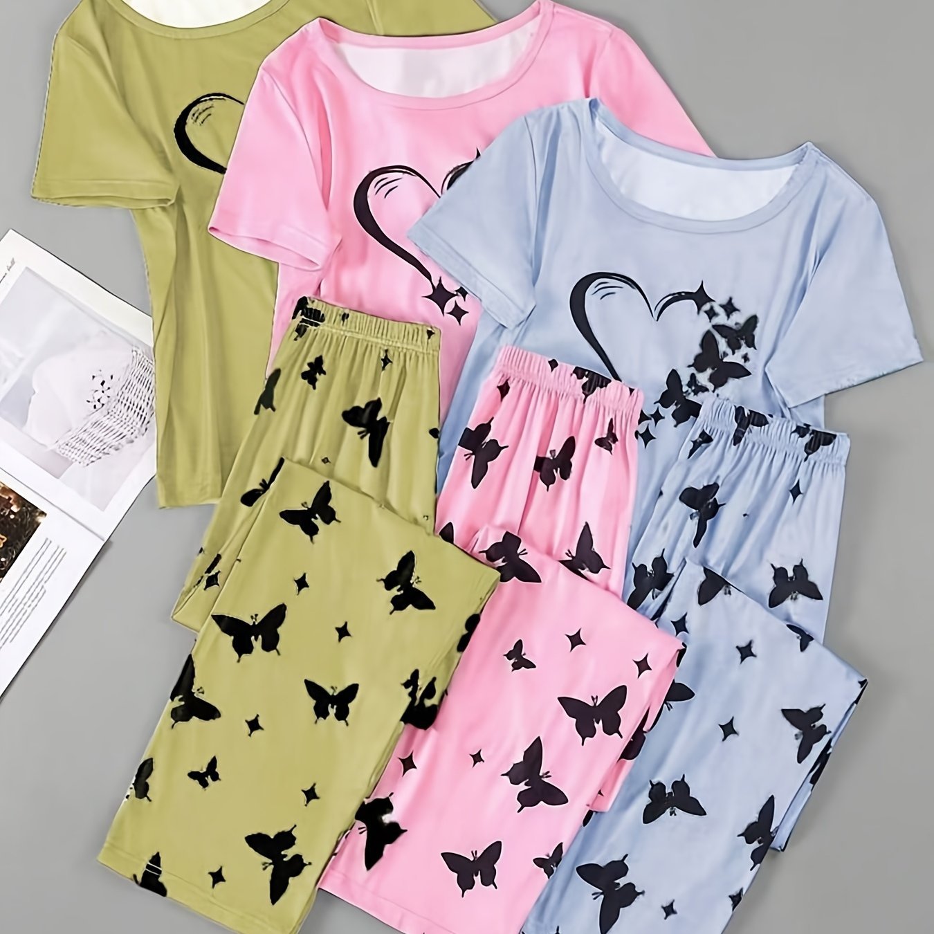 Womens Heart Butterfly Pajama Set 3Piece Sleepwear - Taylor K Shop