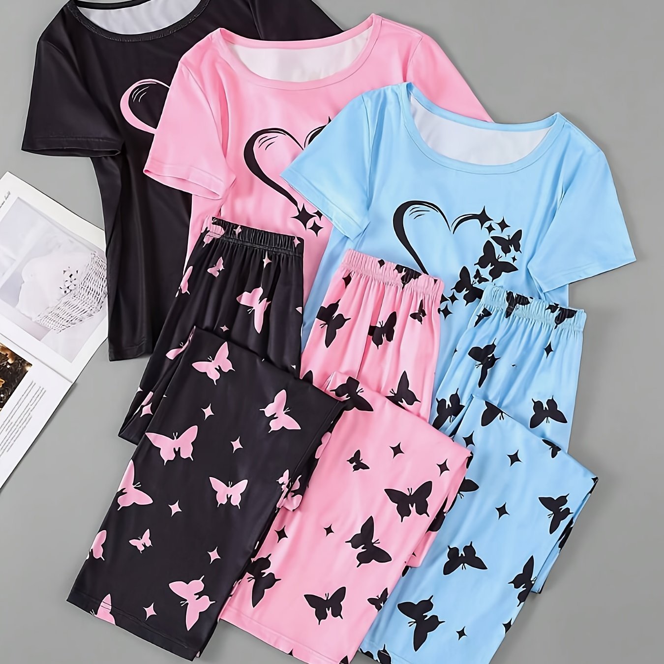 Womens Heart Butterfly Pajama Set 3Piece Sleepwear - Taylor K Shop