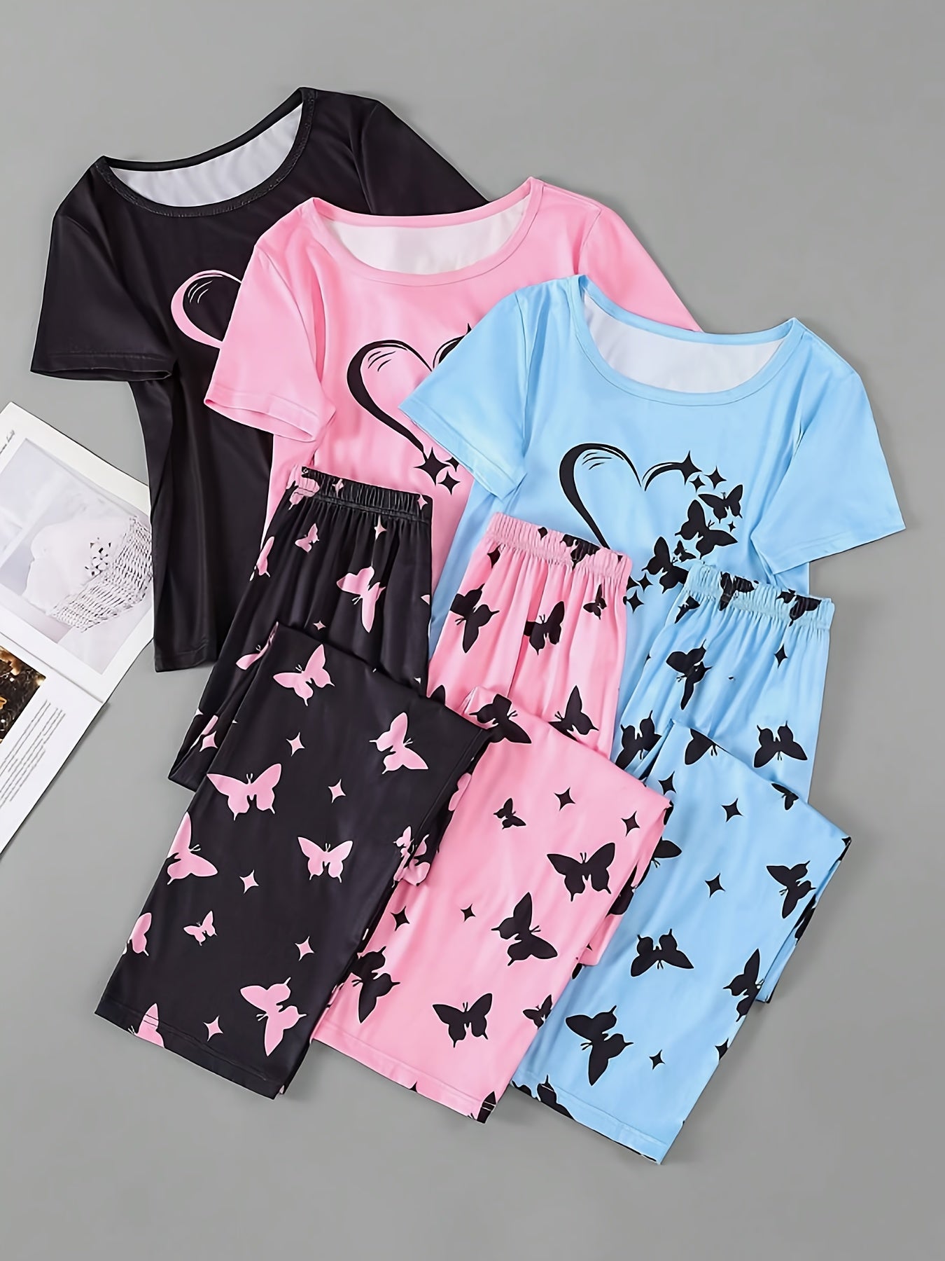 Womens Heart Butterfly Pajama Set 3Piece Sleepwear - Taylor K Shop