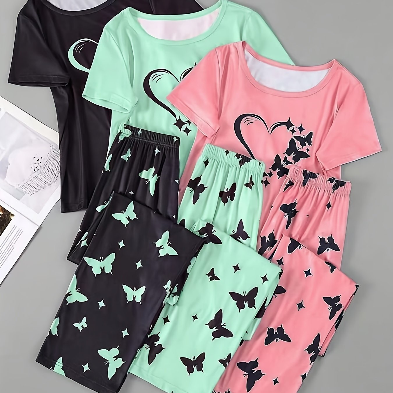 Womens Heart Butterfly Pajama Set 3Piece Sleepwear - Taylor K Shop