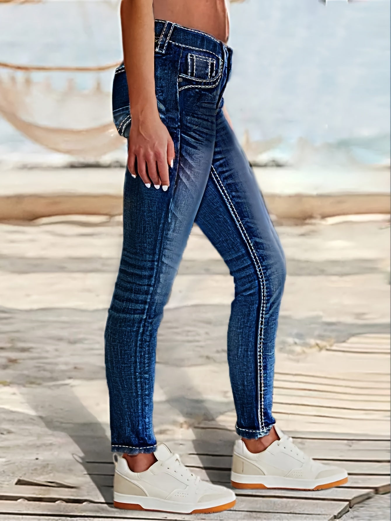 Womens Skinny Fit Whiskered SingleBreasted Denim Jeans - Taylor K Shop