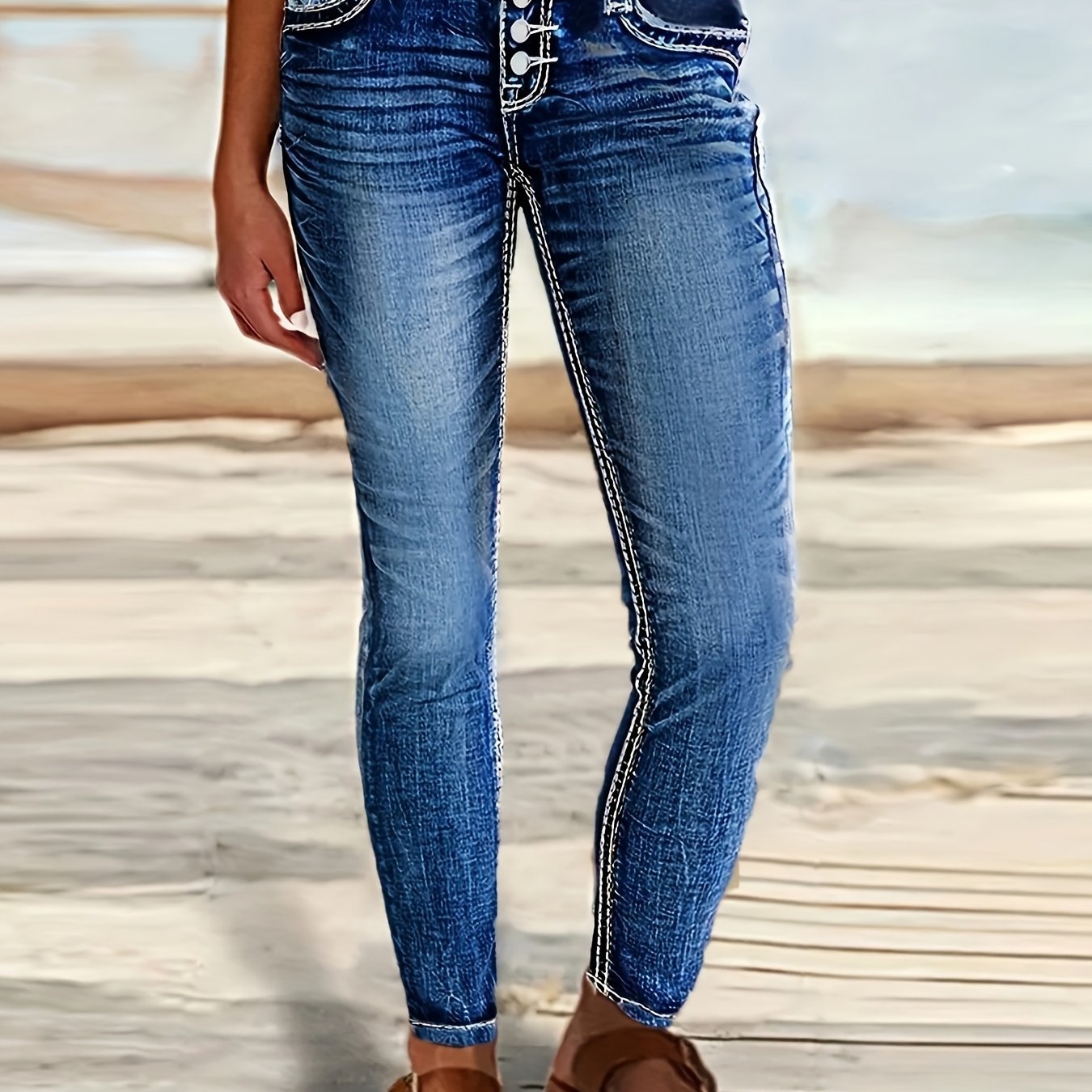 Womens Skinny Fit Whiskered SingleBreasted Denim Jeans - Taylor K Shop