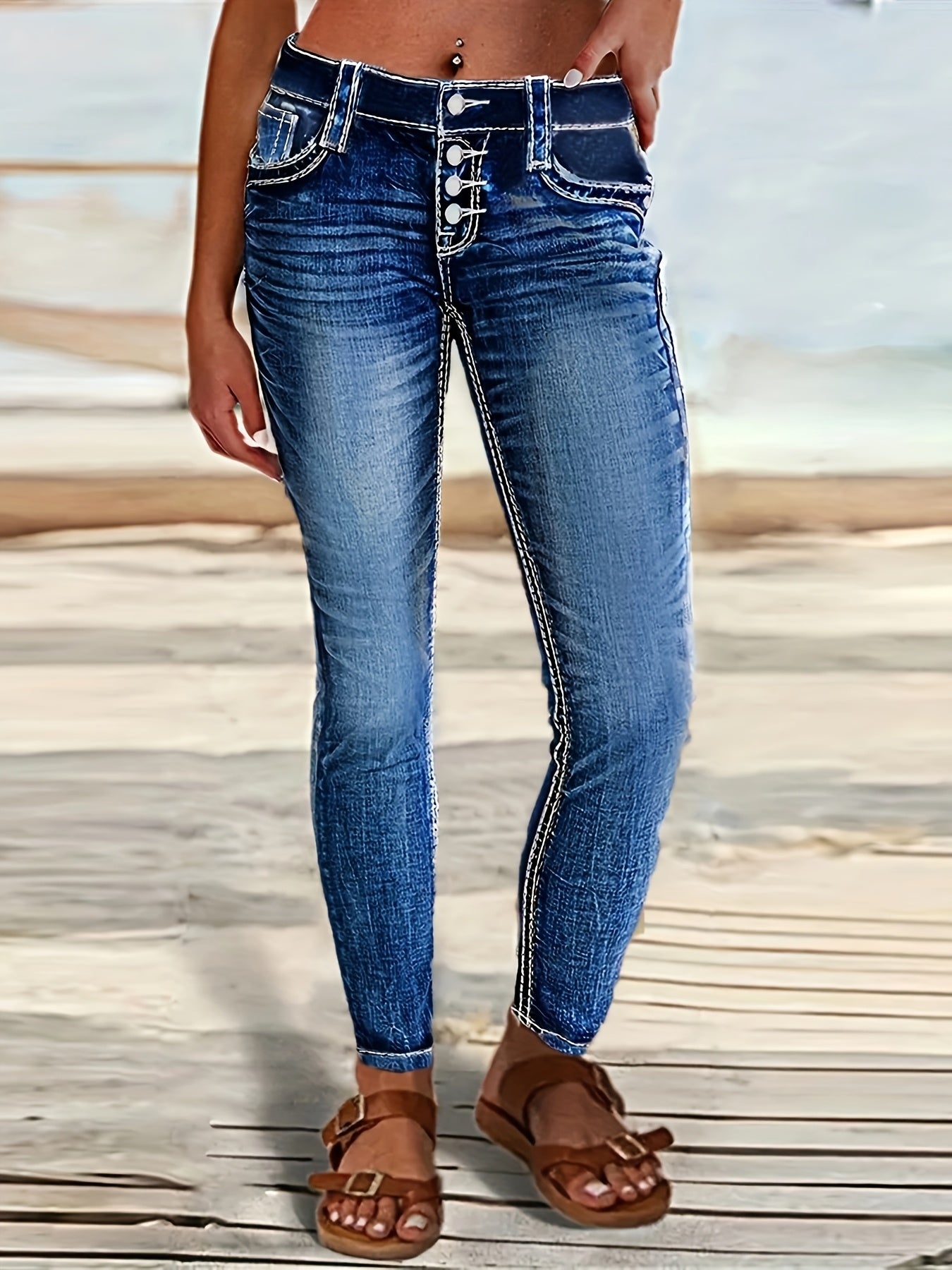 Womens Skinny Fit Whiskered SingleBreasted Denim Jeans - Taylor K Shop
