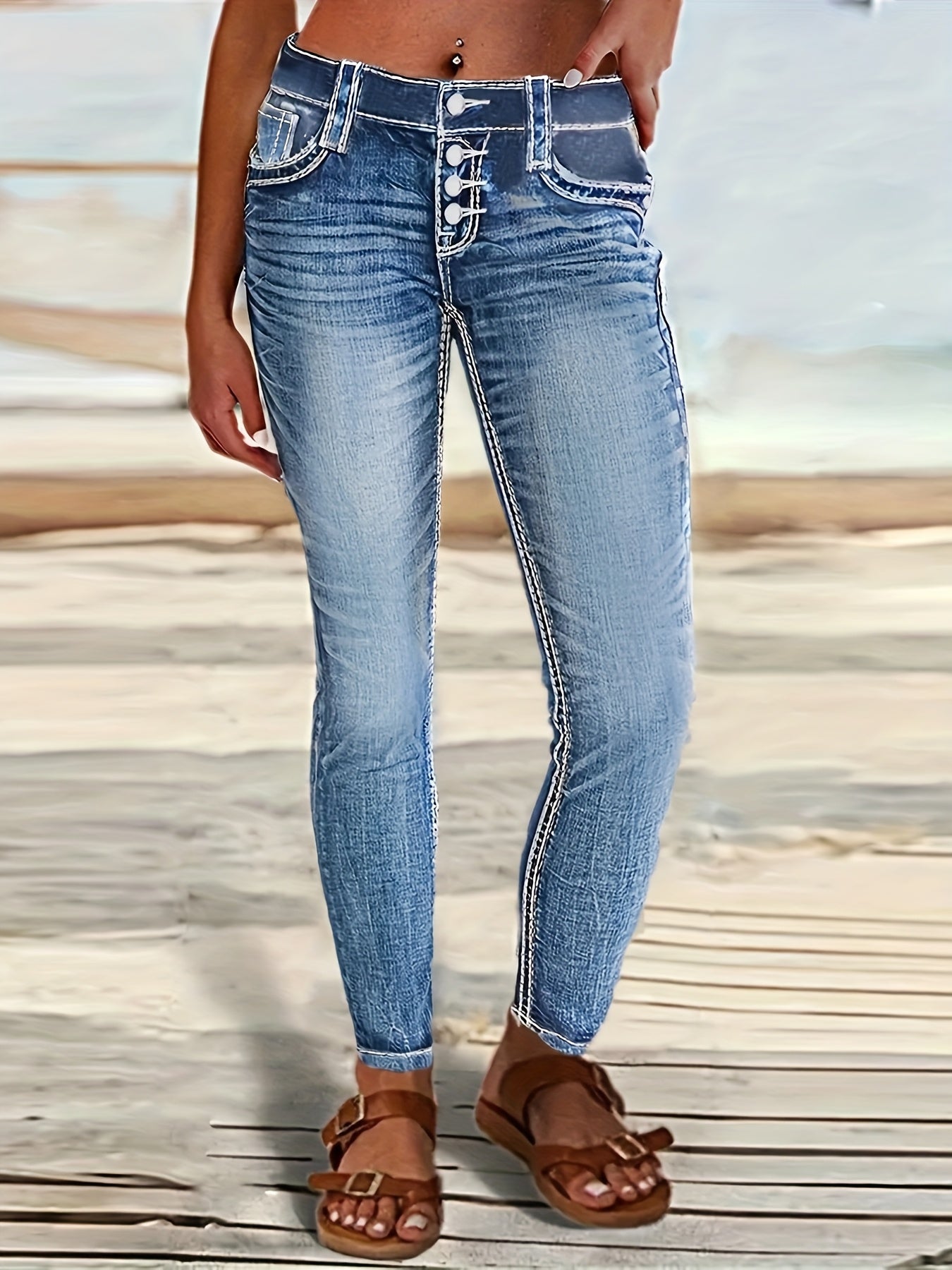 Womens Skinny Fit Whiskered SingleBreasted Denim Jeans - Taylor K Shop