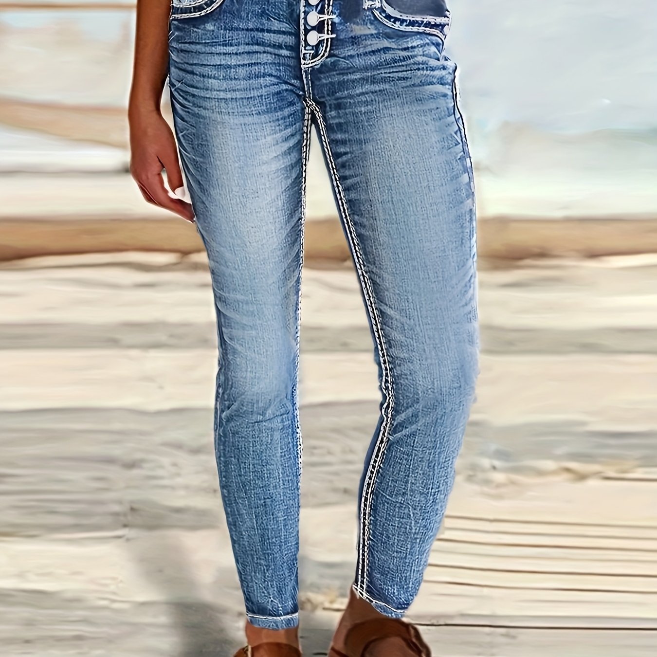 Womens Skinny Fit Whiskered SingleBreasted Denim Jeans - Taylor K Shop