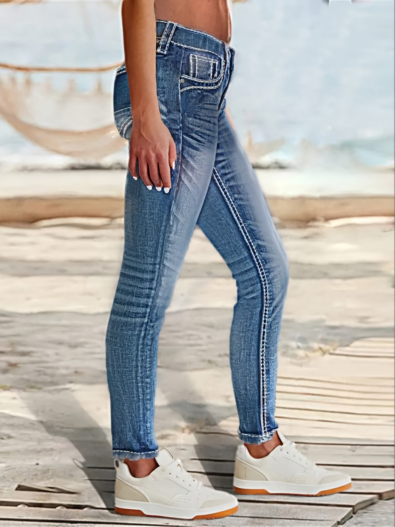 Womens Skinny Fit Whiskered SingleBreasted Denim Jeans - Taylor K Shop