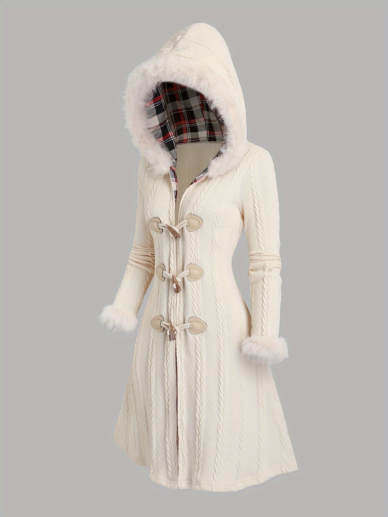 Y2K Plaid Knit Hooded Coat Long Length Warm Knitwear - Taylor K Shop
