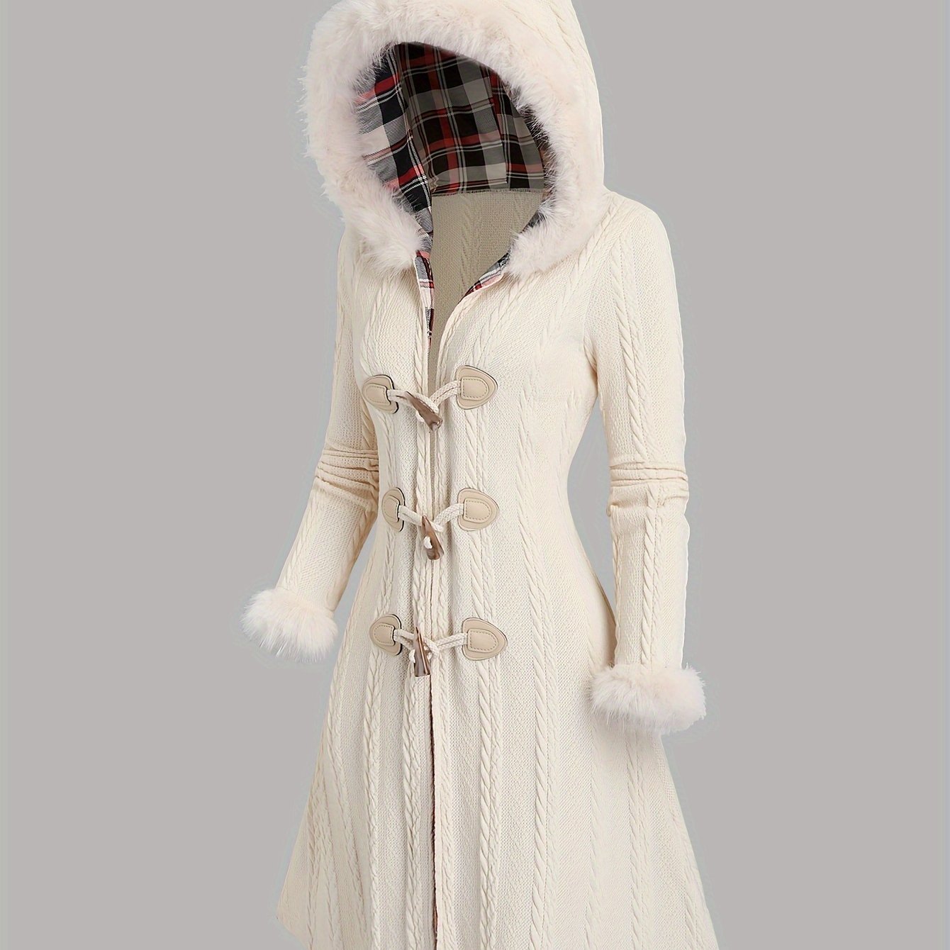 Y2K Plaid Knit Hooded Coat Long Length Warm Knitwear - Taylor K Shop