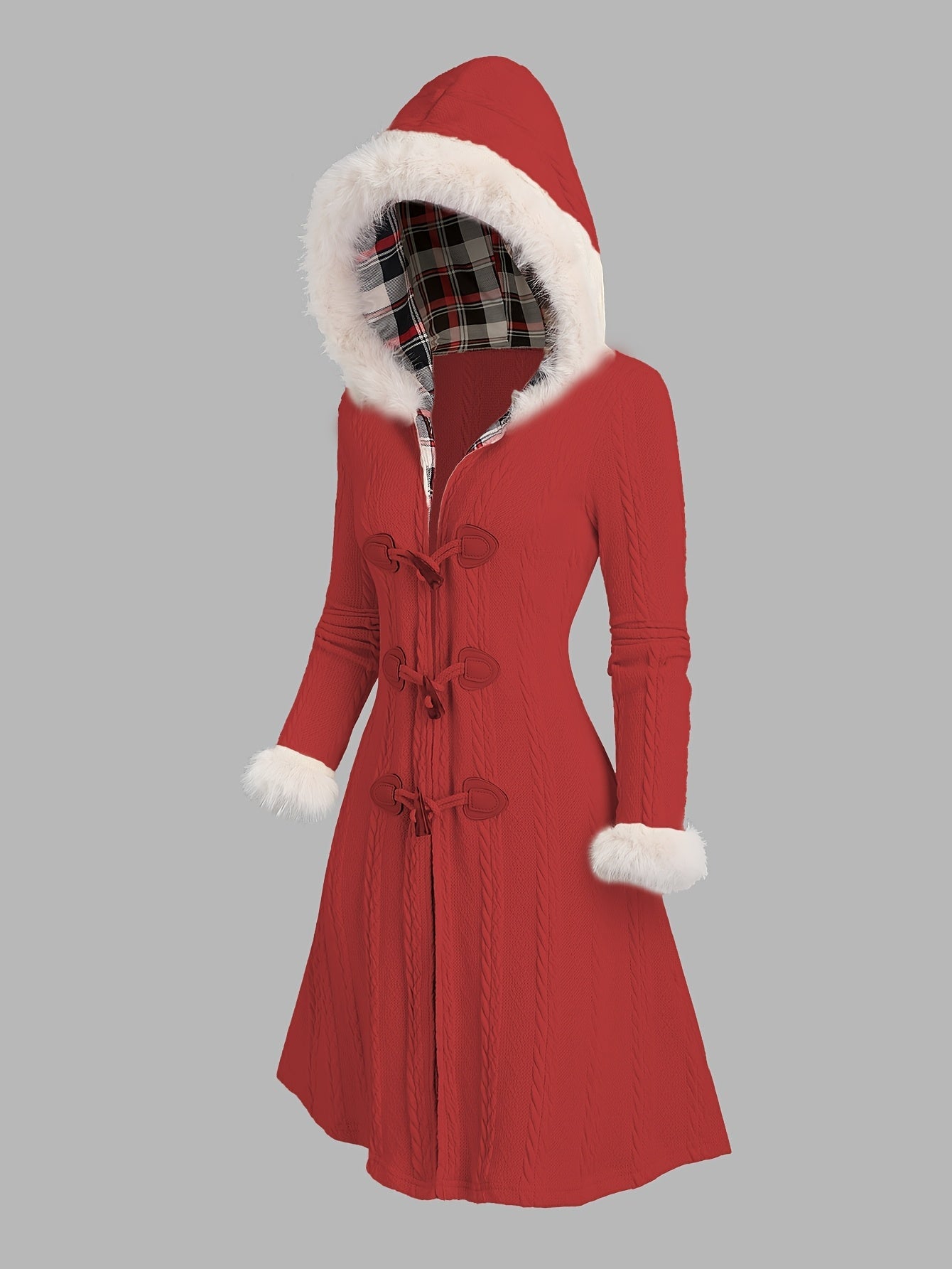 Y2K Plaid Knit Hooded Coat Long Length Warm Knitwear - Taylor K Shop