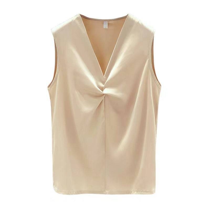 Summer New Satin V-neck Sleeveless Camisole High-end Design Cross Inner Wear Blouse Women