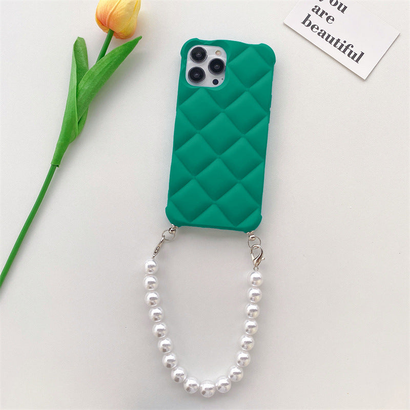 Skin Feeling Diamond Chanel's Style Applicable To IP14 Phone Case Pearl Chain