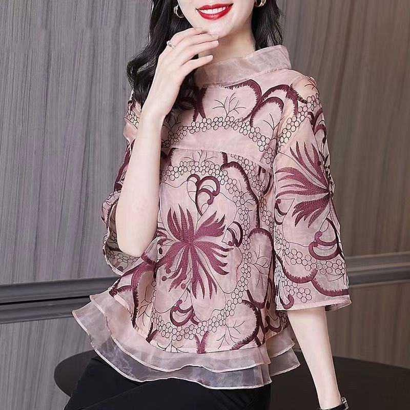 Summer Design Sense Cover Belly And Look Thin Printed Fashion Chiffon Blouse Women