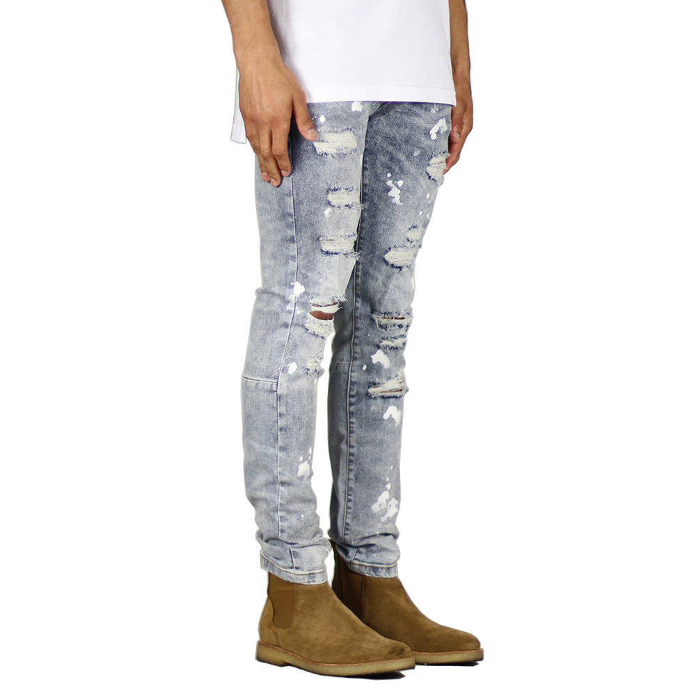 Men's jeans personality trend paint splashed holes men's jeans