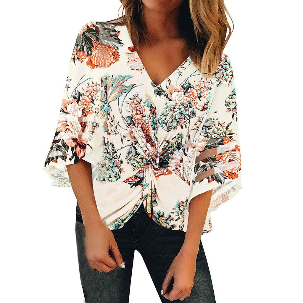 2021 Summer New Amazon Explosion Digital Printed Belt Lantern Sleeve Blouse Shirt