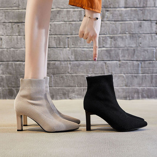 Pointed toe all-match knitted high-heeled ankle boots