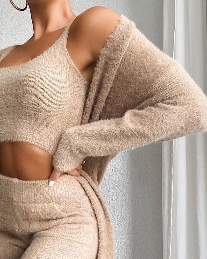 Women Fashion Solid Fluffy Plain Crop Top & Skinny Pants & Longline Coat Set Warm Cozy Suit Sets - taylorkinfo