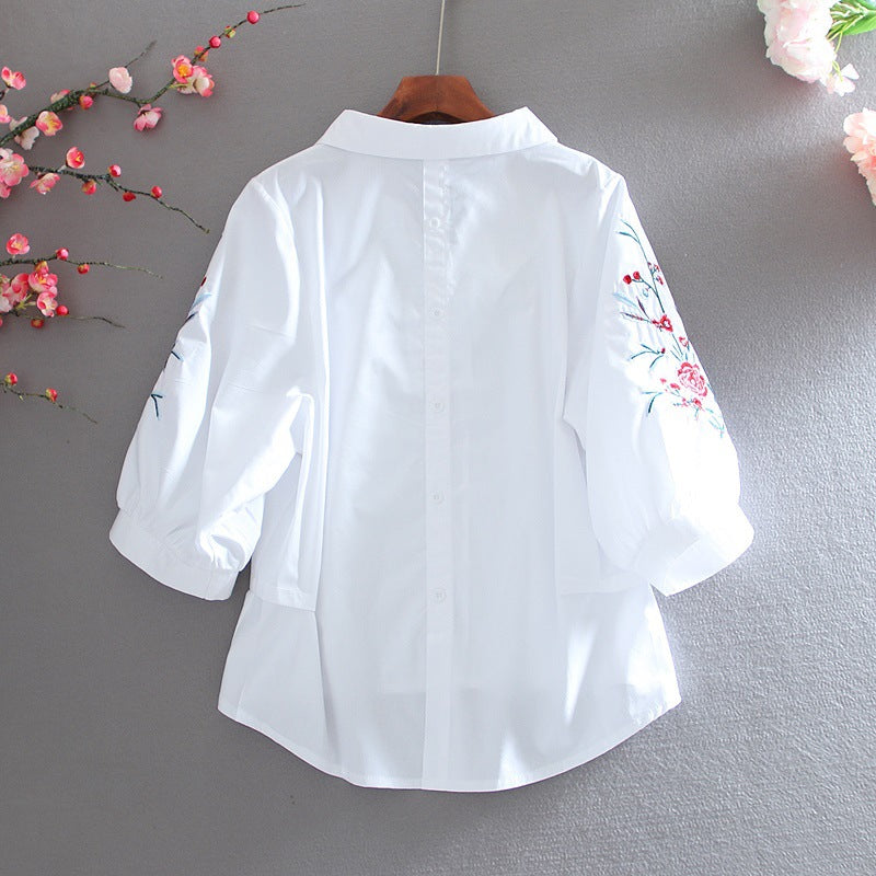 Summer New Ladies Blouse Retro Literature And Art Embroidery Lapel Lantern Sleeve Shirt Women