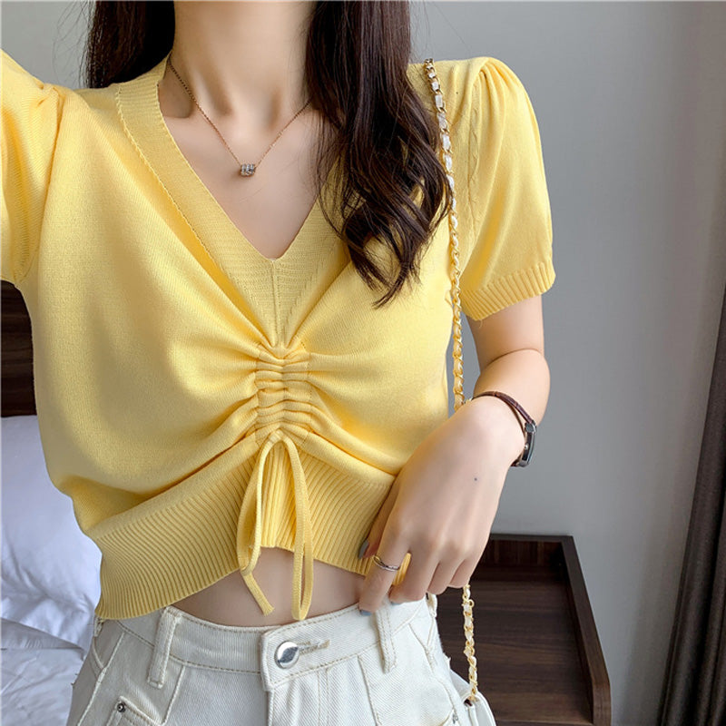 Women's V-neck Blouse Summer Knit Short Sleeve